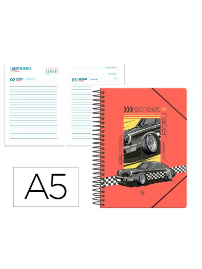 Agenda escolar liderpapel 25-26 espiral cars negro dia pagina a5 bilingüe papel fsc 80 gr