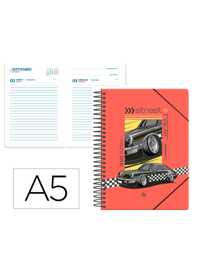 Agenda escolar liderpapel 25-26 espiral cars negro dia pagina a5 bilingüe papel fsc 80 gr