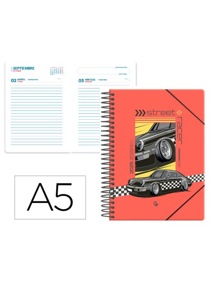 Agenda escolar liderpapel 25-26 espiral cars negro dia pagina a5 bilingüe papel fsc 80 gr