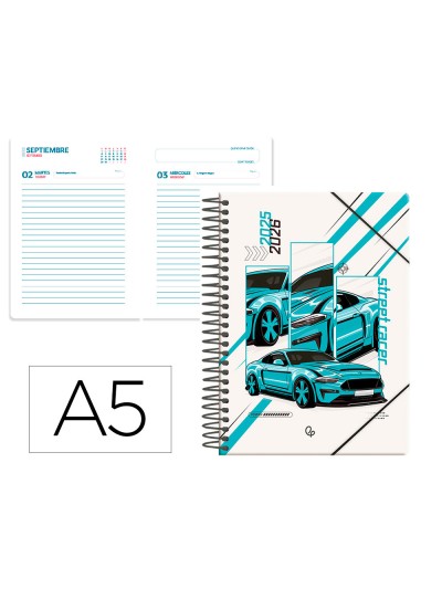 Agenda escolar liderpapel 25-26 espiral cars turquesa dia pagina a5 bilingüe papel fsc 80 gr