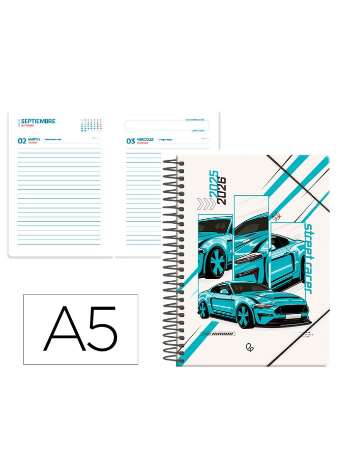 Agenda escolar liderpapel 25-26 espiral cars turquesa dia pagina a5 bilingüe papel fsc 80 gr Agenda escolar liderpapel 25-26 espiral cars turquesa dia pagina a5 bilingüe papel fsc 80 gr
