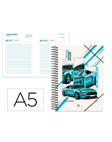 Agenda escolar liderpapel 25-26 espiral cars turquesa dia pagina a5 bilingüe papel fsc 80 gr