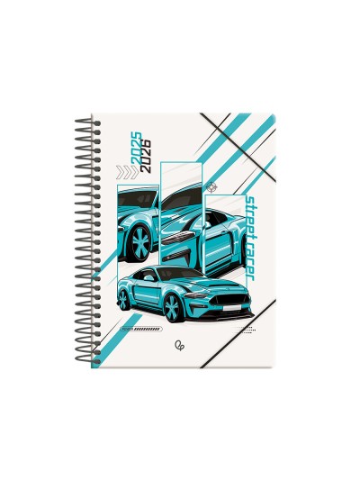 Agenda escolar liderpapel 25-26 espiral cars turquesa dia pagina a5 bilingüe papel fsc 80 gr
