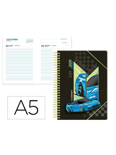 Agenda escolar liderpapel 25-26 espiral cars azul dia pagina a5 bilingüe papel fsc 80 gr