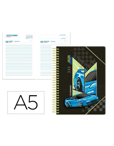 Agenda escolar liderpapel 25-26 espiral cars azul dia pagina a5 bilingüe papel fsc 80 gr