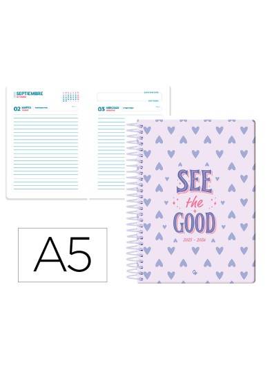 Agenda escolar liderpapel 25-26 espiral petite corazones dia pagina a5 bilingüe papel fsc 80 gr