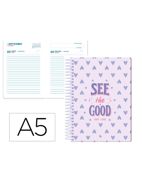 Agenda escolar liderpapel 25-26 espiral petite corazones dia pagina a5 bilingüe papel fsc 80 gr