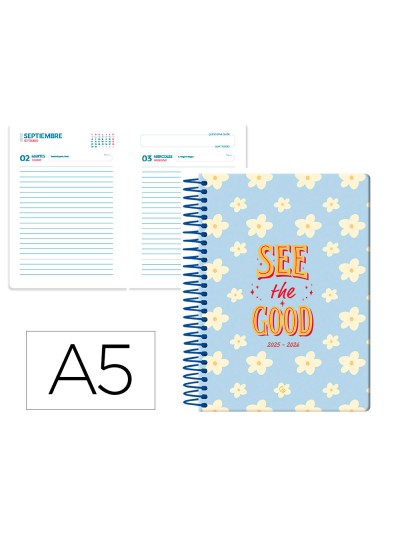 Agenda escolar liderpapel 25-26 espiral petite flores dia pagina a5 bilingüe papel fsc 80 gr