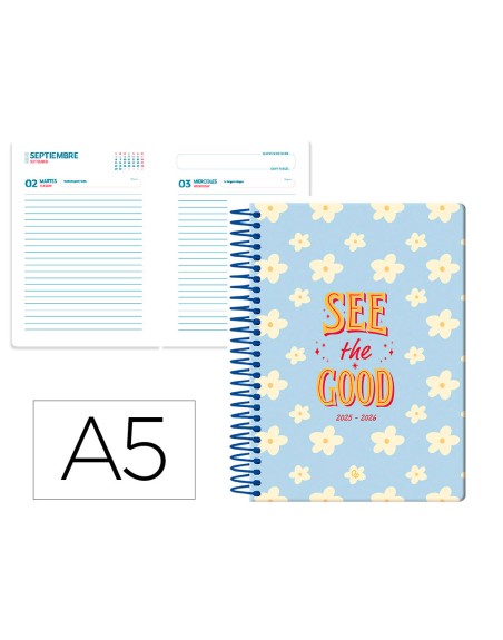 Agenda escolar liderpapel 25-26 espiral petite flores dia pagina a5 bilingüe papel fsc 80 gr