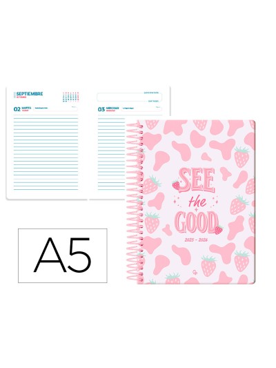 Agenda escolar liderpapel 25-26 espiral petite fresas dia pagina a5 bilingüe papel fsc 80 gr