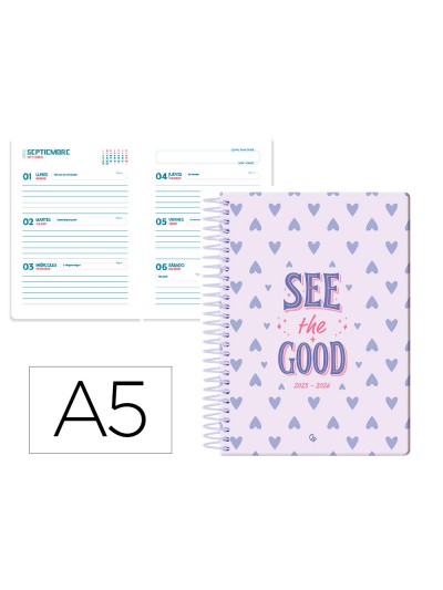 Agenda escolar liderpapel 25-26 espiral petite corazones semana vista a5 bilingüe papel fsc 80 gr