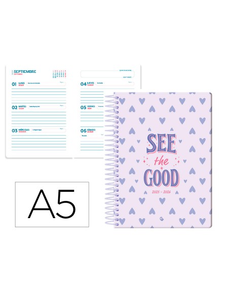 Agenda escolar liderpapel 25-26 espiral petite corazones semana vista a5 bilingüe papel fsc 80 gr