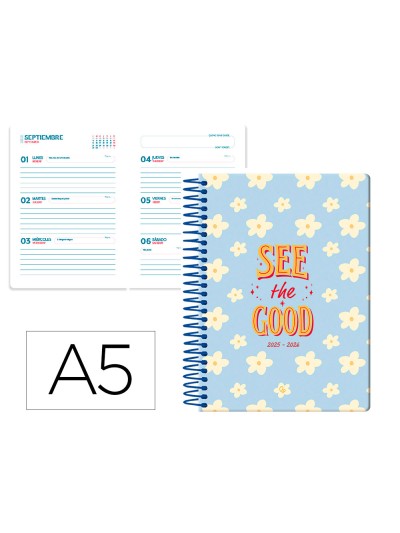 Agenda escolar liderpapel 25-26 espiral petite flores semana vista a5 bilingüe papel fsc 80 gr
