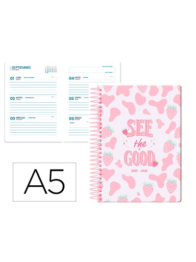 Agenda escolar liderpapel 25-26 espiral petite fresas semana vista a5 bilingüe papel fsc 80 gr