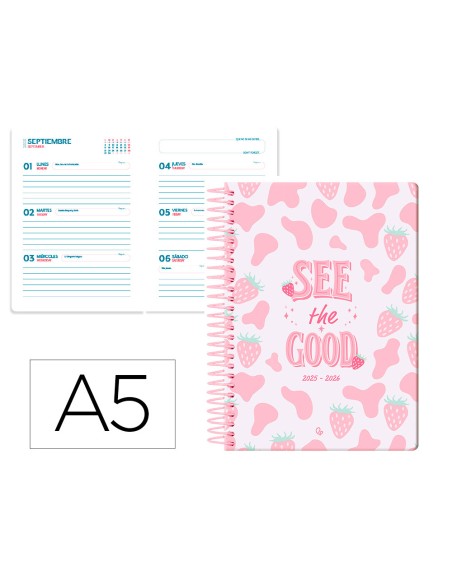Agenda escolar liderpapel 25-26 espiral petite fresas semana vista a5 bilingüe papel fsc 80 gr