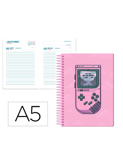Agenda escolar liderpapel 25-26 espiral game on rosa dia pagina a5 bilingüe papel fsc 80 gr