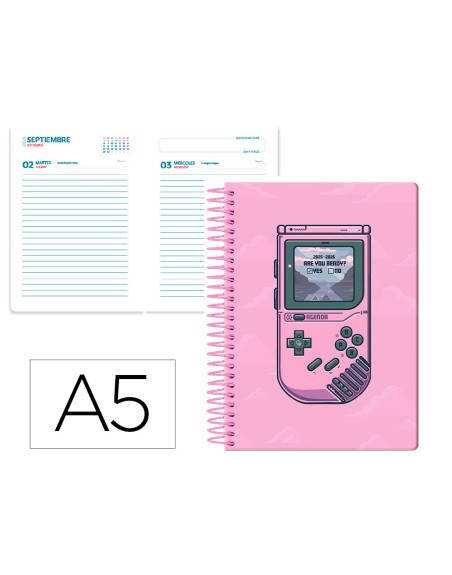 Agenda escolar liderpapel 25-26 espiral game on rosa dia pagina a5 bilingüe papel fsc 80 gr