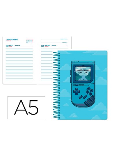 Agenda escolar liderpapel 25-26 espiral game on azul dia pagina a5 bilingüe papel fsc 80 gr