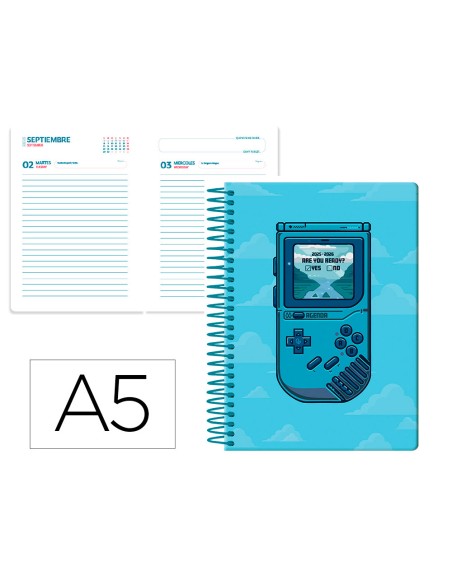 Agenda escolar liderpapel 25-26 espiral game on azul dia pagina a5 bilingüe papel fsc 80 gr