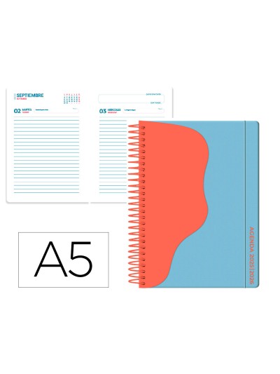 Agenda escolar liderpapel 25-26 espiral waves azul dia pagina a5 bilingüe papel fsc 80 gr