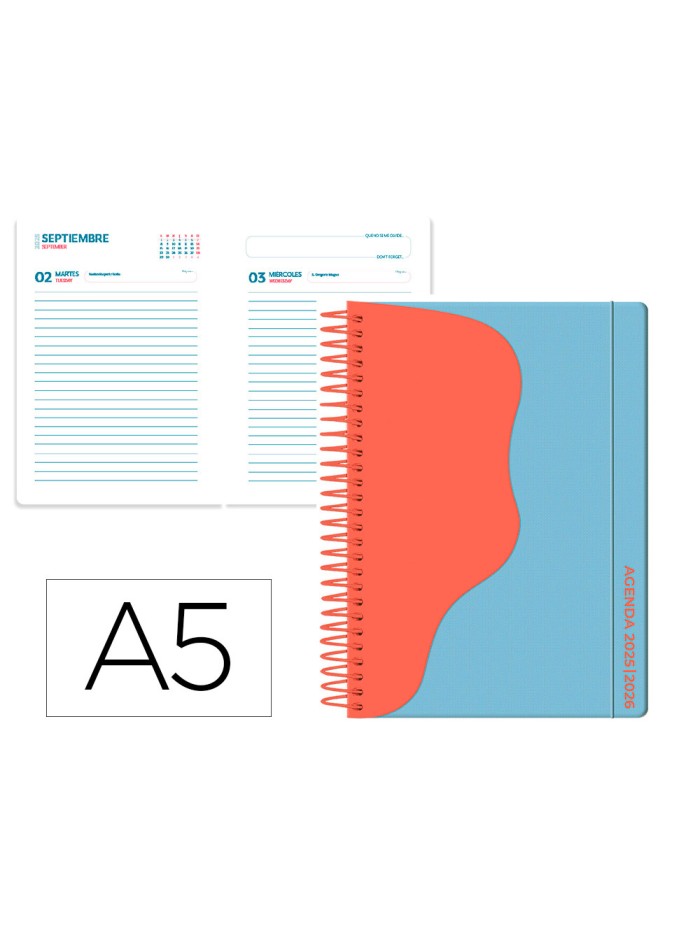 Agenda escolar liderpapel 25-26 espiral waves azul dia pagina a5 bilingüe papel fsc 80 gr