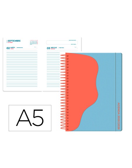 Agenda escolar liderpapel 25-26 espiral waves azul dia pagina a5 bilingüe papel fsc 80 gr