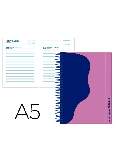 Agenda escolar liderpapel 25-26 espiral waves morado dia pagina a5 bilingüe papel fsc 80 gr