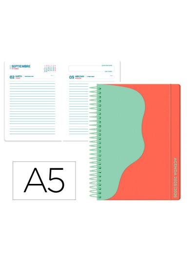 Agenda escolar liderpapel 25-26 espiral waves rojo dia pagina a5 bilingüe papel fsc 80 gr