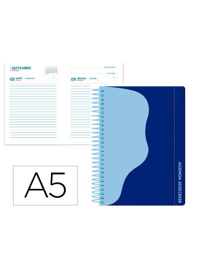 Agenda escolar liderpapel 25-26 espiral waves azul oscuro dia pagina a5 bilingüe papel fsc 80 gr