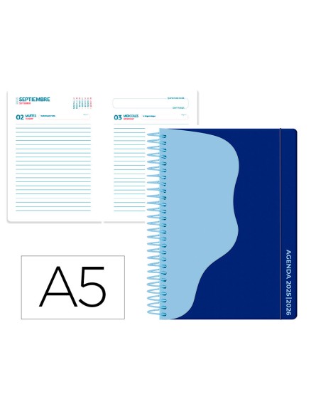 Agenda escolar liderpapel 25-26 espiral waves azul oscuro dia pagina a5 bilingüe papel fsc 80 gr