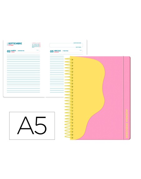 Agenda escolar liderpapel 25-26 espiral waves rosa dia pagina a5 bilingüe papel fsc 80 gr