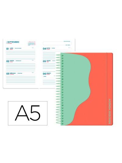 Agenda escolar liderpapel 25-26 espiral waves rojo semana vista a5 bilingüe papelfsc 80 gr