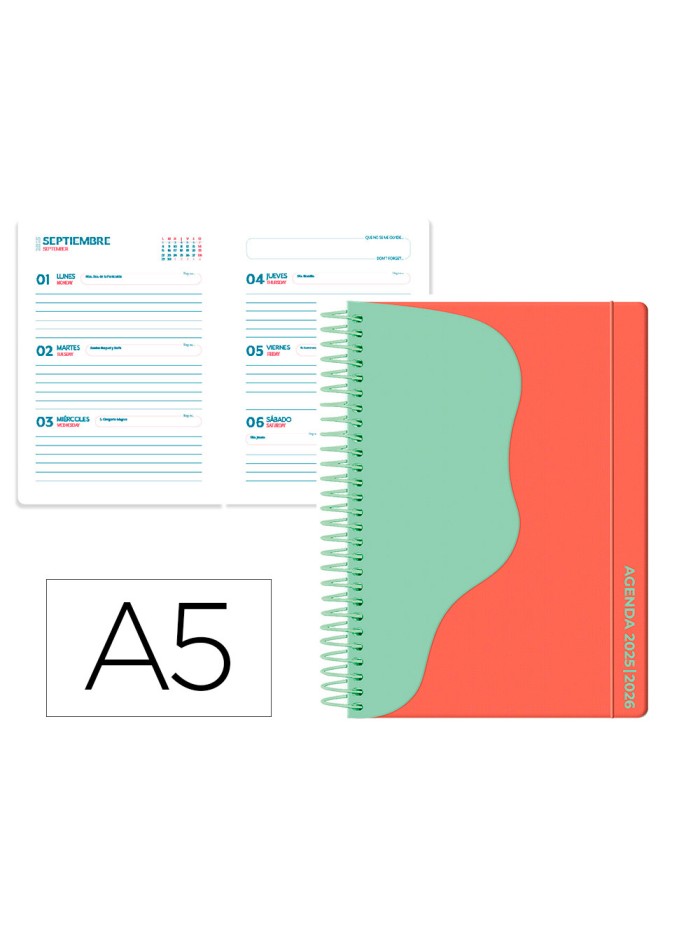 Agenda escolar liderpapel 25-26 espiral waves rojo semana vista a5 bilingüe papelfsc 80 gr Agenda escolar liderpapel 25-26 espiral waves rojo semana vista a5 bilingüe papelfsc 80 gr