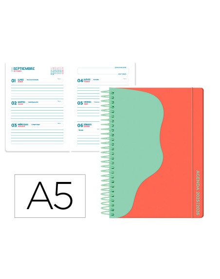 Agenda escolar liderpapel 25-26 espiral waves rojo semana vista a5 bilingüe papelfsc 80 gr
