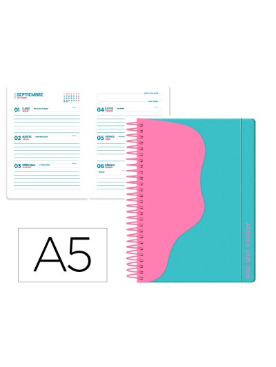 Agenda escolar liderpapel 25-26 espiral waves turquesa semana vista a5 bilingüe papel fsc 80 gr