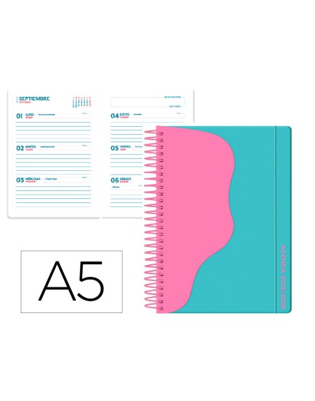 Agenda escolar liderpapel 25-26 espiral waves turquesa semana vista a5 bilingüe papel fsc 80 gr