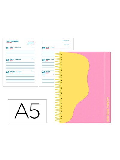 Agenda escolar liderpapel 25-26 espiral waves rosa semana vista a5 bilingüe papel fsc 80 gr