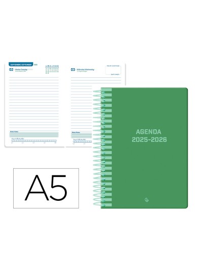 Agenda escolar liderpapel 25-26 espiral classic verde dia pagina a5 bilingüe papel fsc 70 gr