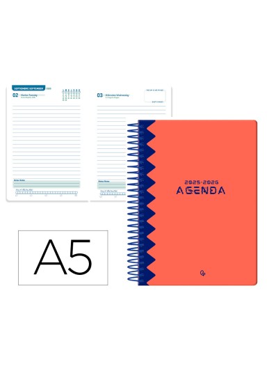 Agenda escolar liderpapel 25-26 espiral classic rojo dia pagina a5 bilingüe papel fsc 70 gr