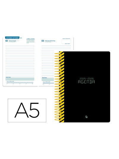 Agenda escolar liderpapel 25-26 espiral classic negro dia pagina a5 bilingüe papel fsc 70 gr
