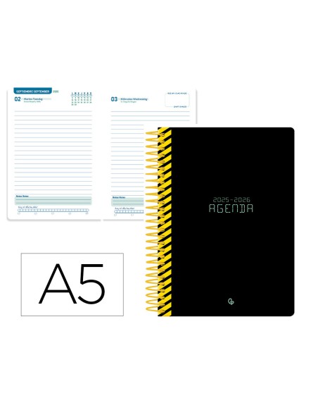 Agenda escolar liderpapel 25-26 espiral classic negro dia pagina a5 bilingüe papel fsc 70 gr