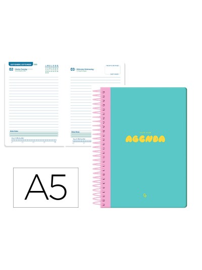 Agenda escolar liderpapel 25-26 espiral classic azul turquesa dia pagina a5 bilingüe papel fsc 70 gr