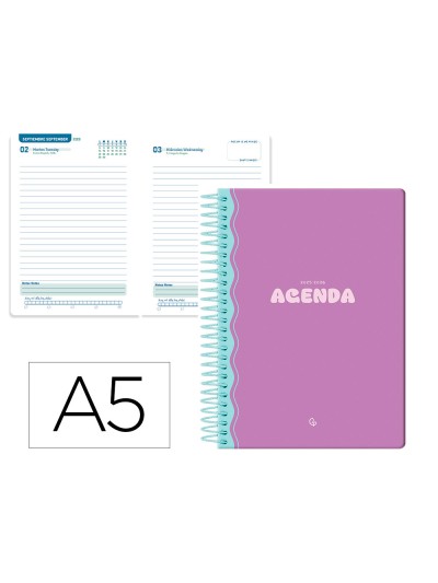 Agenda escolar liderpapel 25-26 espiral classic morado dia pagina a5 bilingüe papel fsc 70 gr