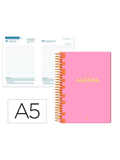 Agenda escolar liderpapel 25-26 espiral classic rosa diapagina a5 bilingüe papel fsc 70 gr