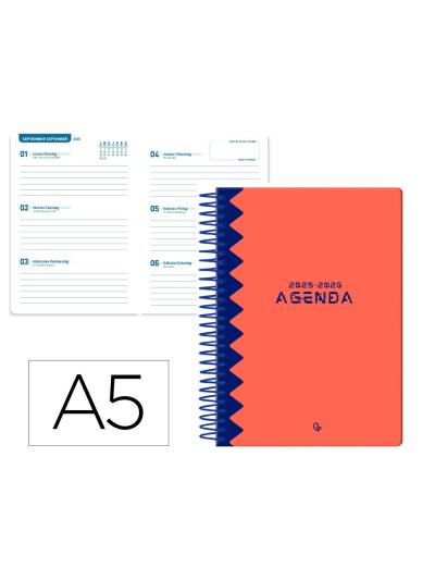 Agenda escolar liderpapel 25-26 espiral classic rojo semana vista a5 bilingüe papel fsc 70 gr