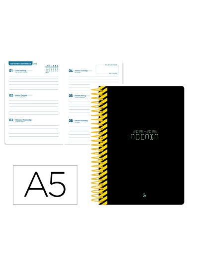 Agenda escolar liderpapel 25-26 espiral classic negro semana vista a5 bilingüe papel fsc 70 gr