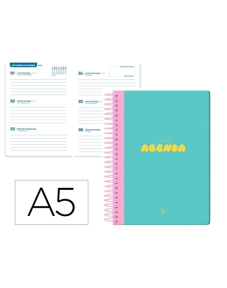 Agenda escolar liderpapel 25-2 6 espiral classic azul turquesa semana vista a5 bilingüe papel fsc 70 gr