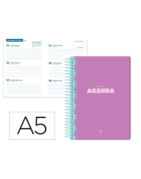 Agenda escolar liderpapel 25-26 espiral classic morado semana vista a5 bilingüe papelfsc 70 gr