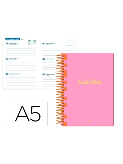 Agenda escolar liderpapel 25-26 espiral classic rosa semana vista a5 bilingüe papel fsc 70 gr