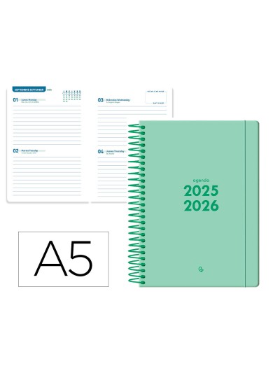 Agenda escolar liderpapel 25-26 espiral basic verde menta 2 dias pagina a5 bilingüe papel fsc 70 gr